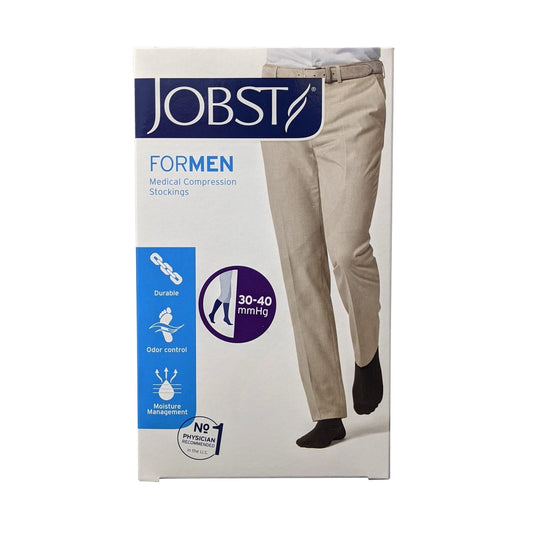 Product label for Jobst for Men Compression Socks 30-40 mmHg - Knee High / Closed Toe / Black (Small)