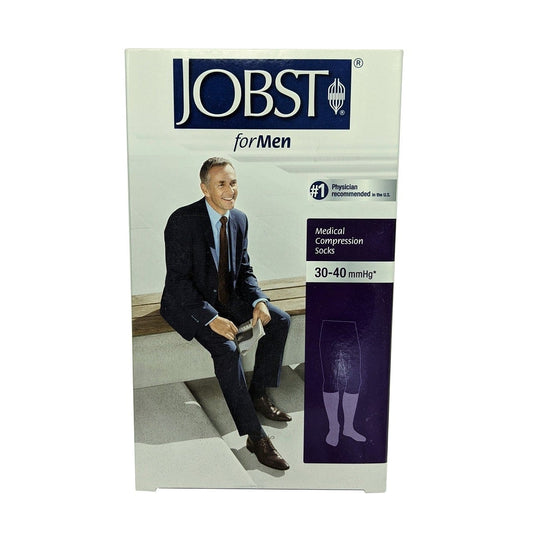 Product label for Jobst for Men Compression Socks 30-40 mmHg - Knee High / Closed Toe / Black