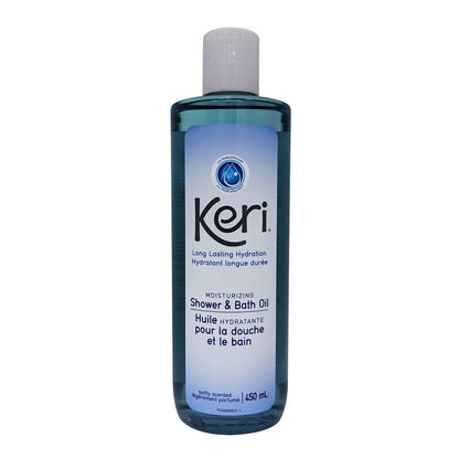 Product label for Keri Moisturizing Shower and Bath Oil (450 mL)