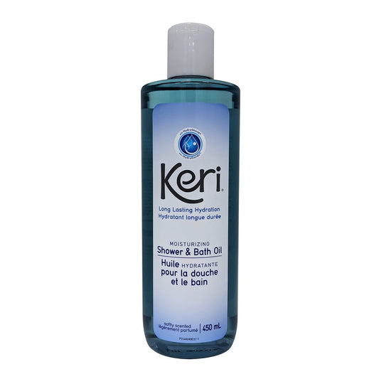 Product label for Keri Moisturizing Shower and Bath Oil (450 mL)