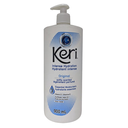 Product label for Keri Original Intense Hydration Lotion Softly Scented (900 mL)