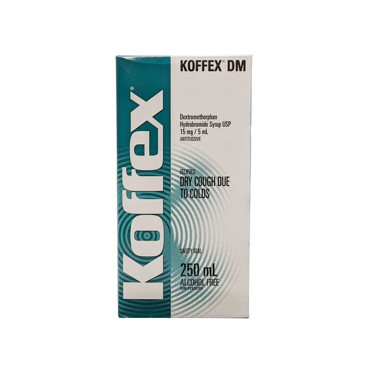 Product label for Teva Koffex Dextromethorphan Hydrobromide Syrup (250 mL) in English