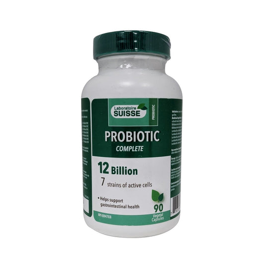 Product label for Laboratoire Suisse Probiotic 12 Billion Complete (90 caplets) in English