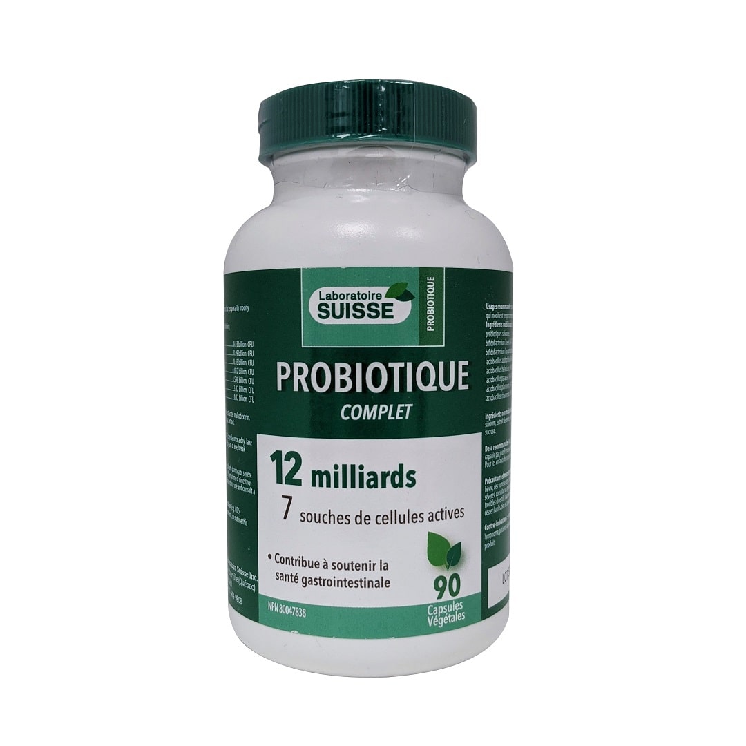 Product label for Laboratoire Suisse Probiotic 12 Billion Complete (90 caplets) in French