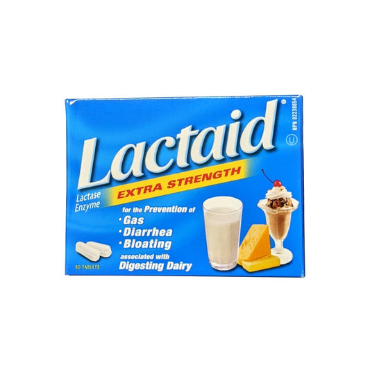 Product label for Lactaid Extra Strength Lactase Enzyme (80 tablets) in English