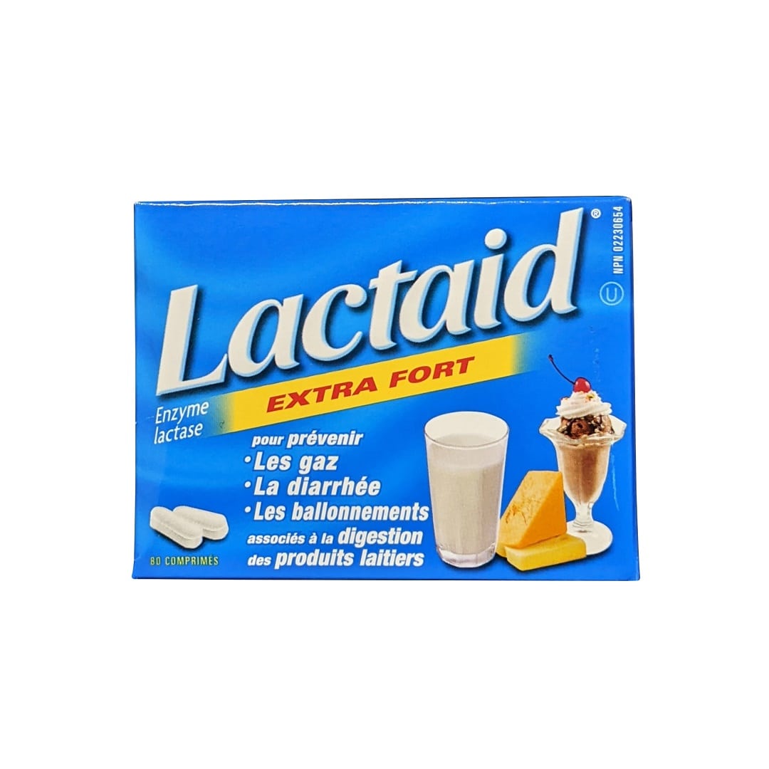 Product label for Lactaid Extra Strength Lactase Enzyme (80 tablets) in French