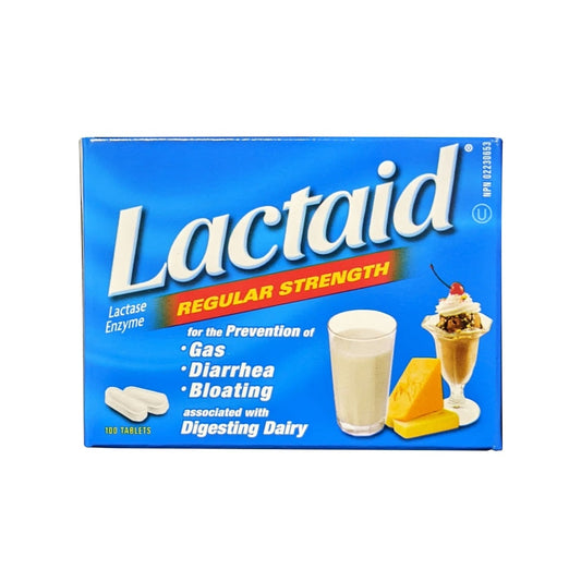Product label for Lactaid Regular Strength Lactase Enzyme (100 tablets) in English