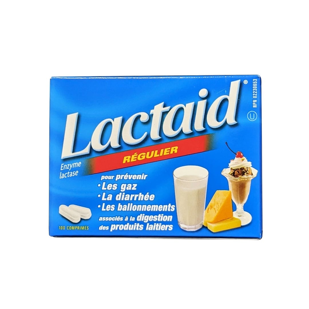 Product label for Lactaid Regular Strength Lactase Enzyme (100 tablets) in French