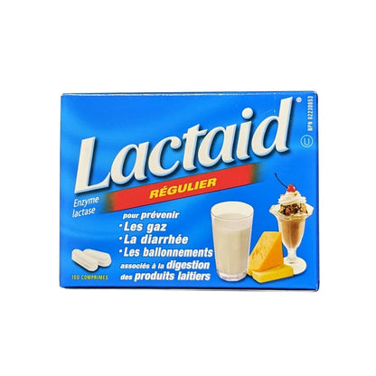 Product label for Lactaid Regular Strength Lactase Enzyme (100 tablets) in French