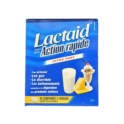 Product label for Lactaid Ultra Strength Fast Act Lactase Enzyme Chewables (40 tablets) in French