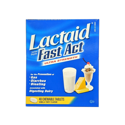 Product label for Lactaid Ultra Strength Fast Act Lactase Enzyme Chewables (40 tablets) in English