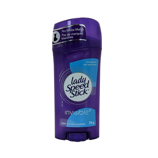 Product label for Lady Speed Stick Invisible Antiperspirant and Deodorant Unscented (70 grams)