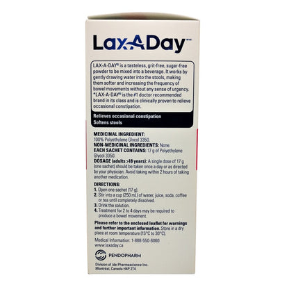 Ingredients, dose, directions for Lax-A-Day Laxative Powder sachets in English