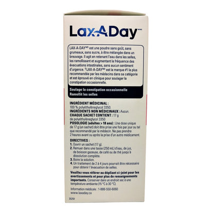 Ingredients, dose, directions for Lax-A-Day Laxative Powder sachets in French