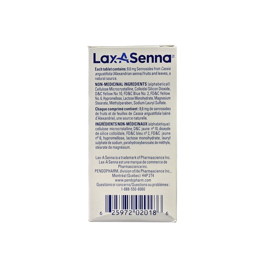 Ingredients for Indication, dosage, cautions for Lax-A-Senna 8.6 mg Sennosides Tablets (110 tablets) in English