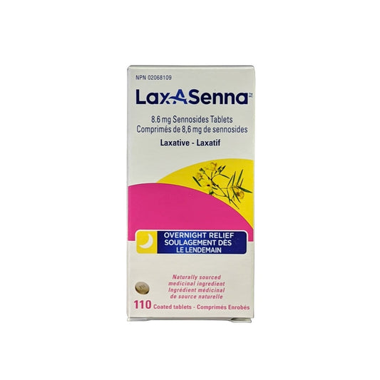 Product label for Lax-A-Senna 8.6 mg Sennosides Tablets (110 tablets)