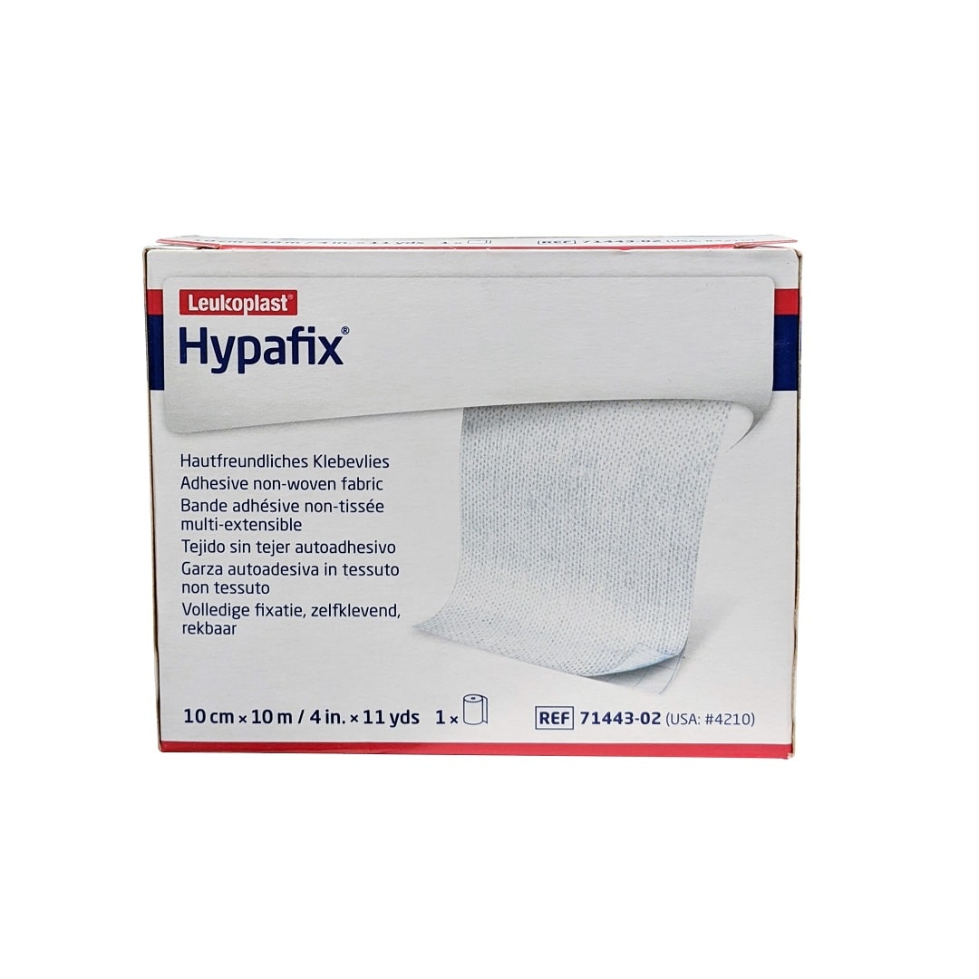 Product label for Leukoplast Hypafix Adhesive Non-Woven Fabric Dressing Retention Tape (10 cm x 10 m)