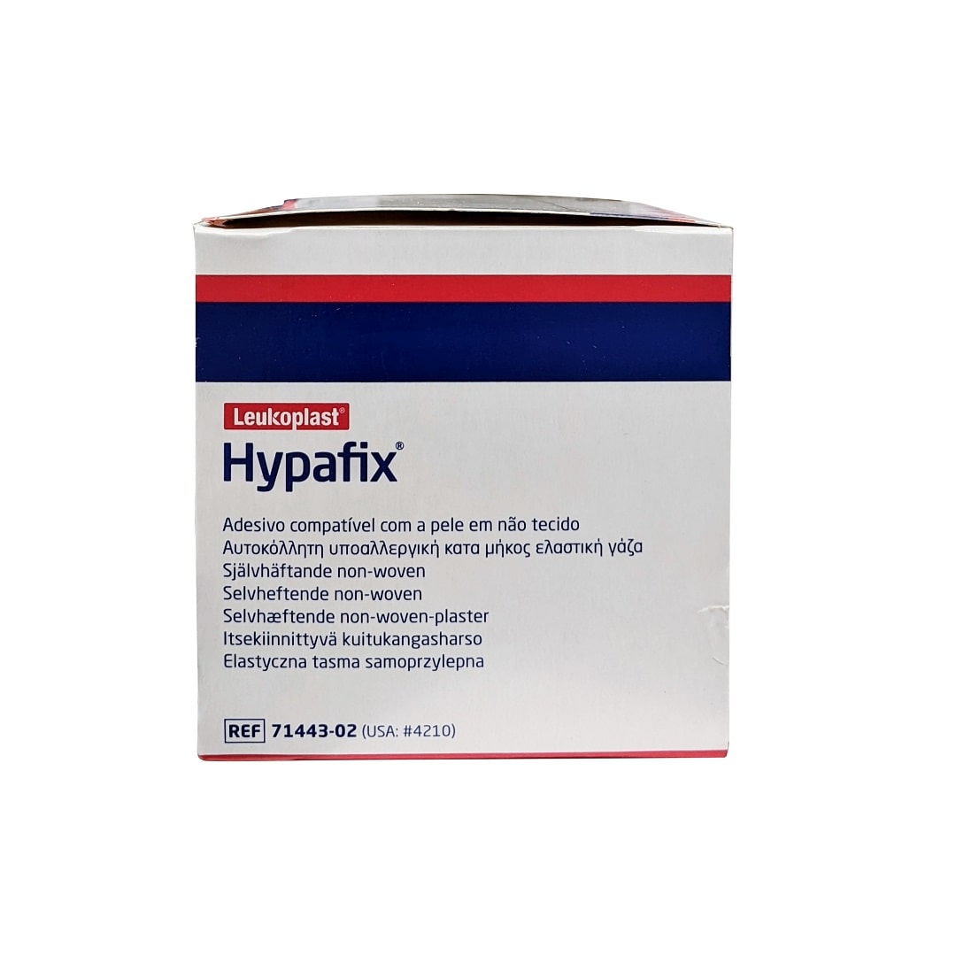 Product label for Leukoplast Hypafix Adhesive Non-Woven Fabric Dressing Retention Tape (10 cm x 10 m) in various languages