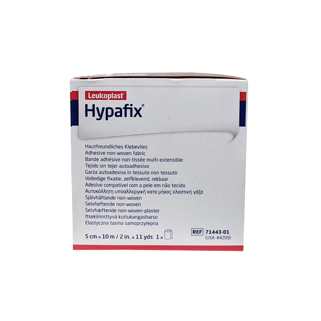 Product label for Leukoplast Hypafix Adhesive Non-Woven Fabric Dressing Retention Tape (5 cm x 10 m) in various languages