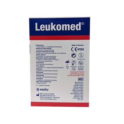 Product label for Leukoplast Leukomed Absorbent Wound Dressing (5 cm x 7.2 cm) (5 count) in various languages, plus care instructions.