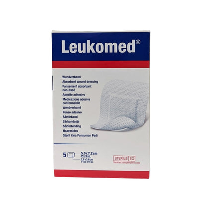 Product label for Leukoplast Leukomed Absorbent Wound Dressing (5 cm x 7.2 cm) (5 count)