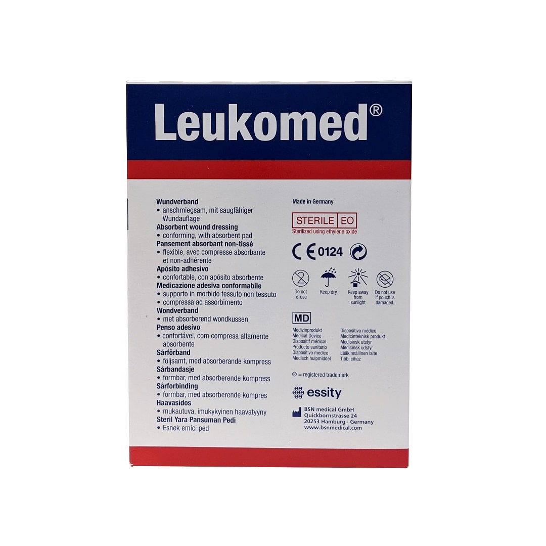 Product label for Leukoplast Leukomed Absorbent Wound Dressing (8 cm x 10 cm) (5 count) in various languages. Care instructions.