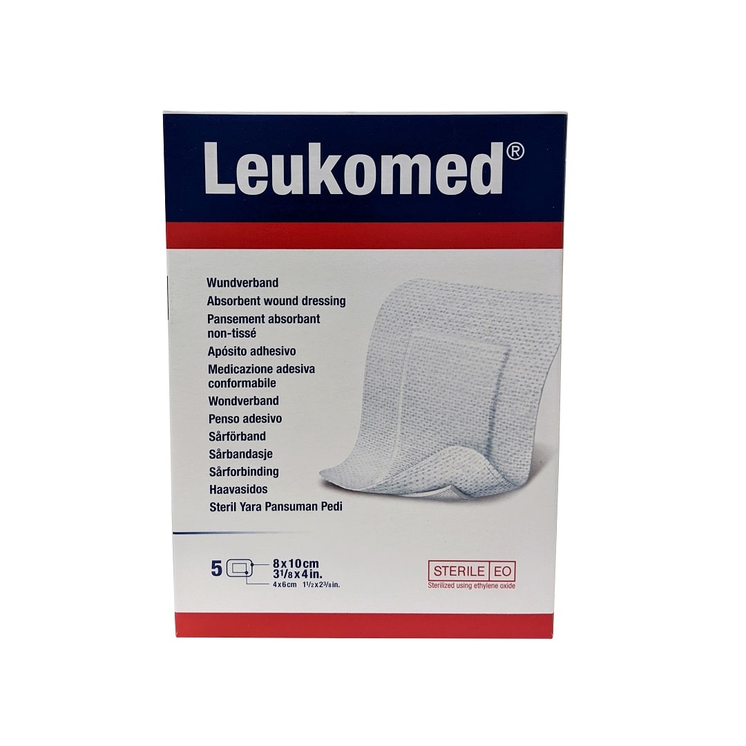 Product label for Leukoplast Leukomed Absorbent Wound Dressing (8 cm x 10 cm) (5 count)