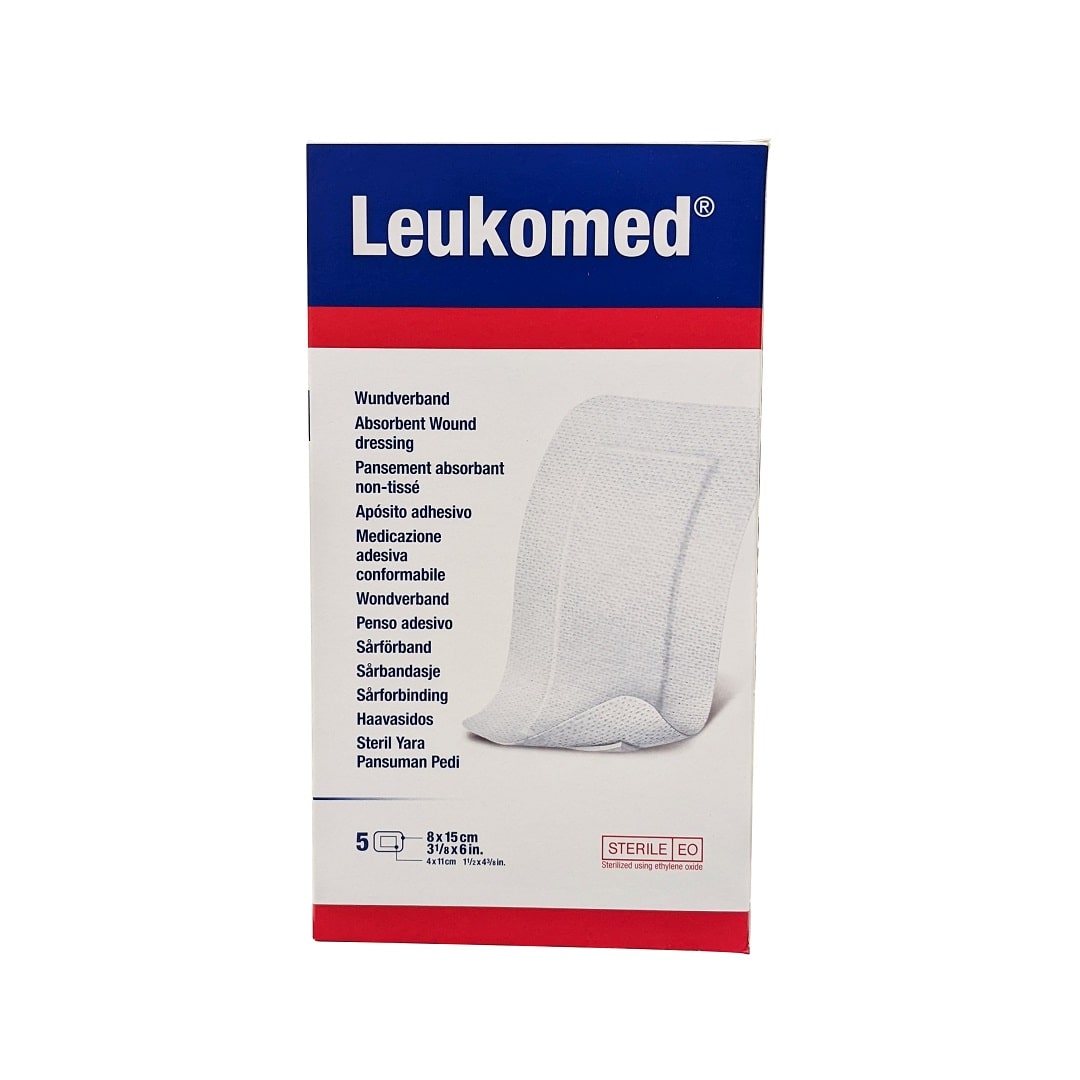 Product label for Leukoplast Leukomed Absorbent Wound Dressing (8 cm x 15 cm) (5 count)