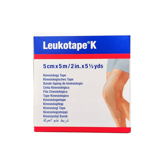 Product label for Leukoplast Leukotape K Kinesiology Tape (5 cm x 5 m)