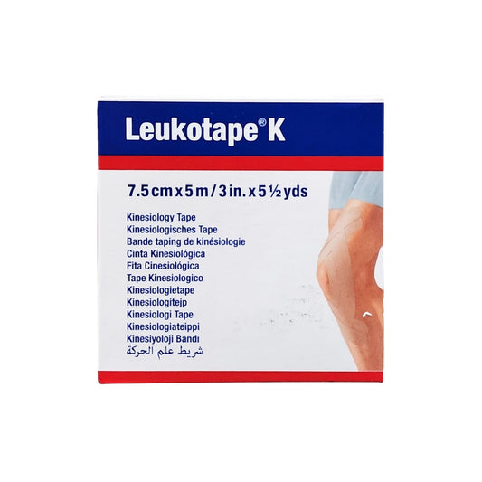 Product label for Leukoplast Leukotape K Kinesiology Tape (7.5 cm x 5 m)