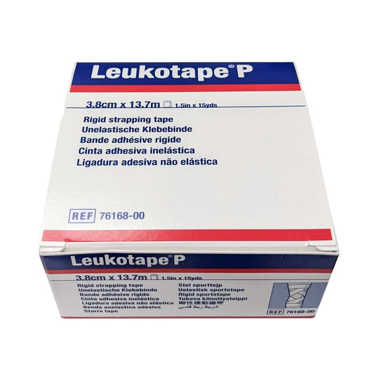 Product label for Leukoplast Leukotape P Rigid Strapping Tape (3.8 cm x 13.7 m)