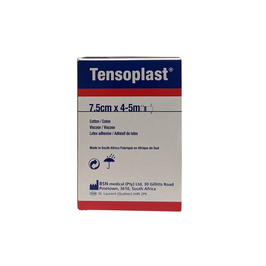 Product label and care instructions for Leukoplast Tensoplast Elastic Adhesive Bandage (Beige, 7.5 cm x 4.5 m)