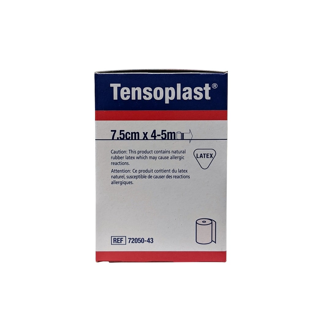 Product label for Leukoplast Tensoplast Elastic Adhesive Bandage (Beige, 7.5 cm x 4.5 m)