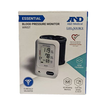 Product label for LifeSource Blood Pressure Monitor (for Wrist) in English