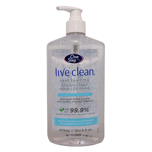 Product label for Live Clean One Step Hand Sanitizer (473 mL)
