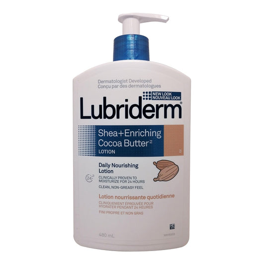 Product label for Lubriderm Daily Nourishing Lotion Shea + Enriching Cocoa Butter (480 mL)