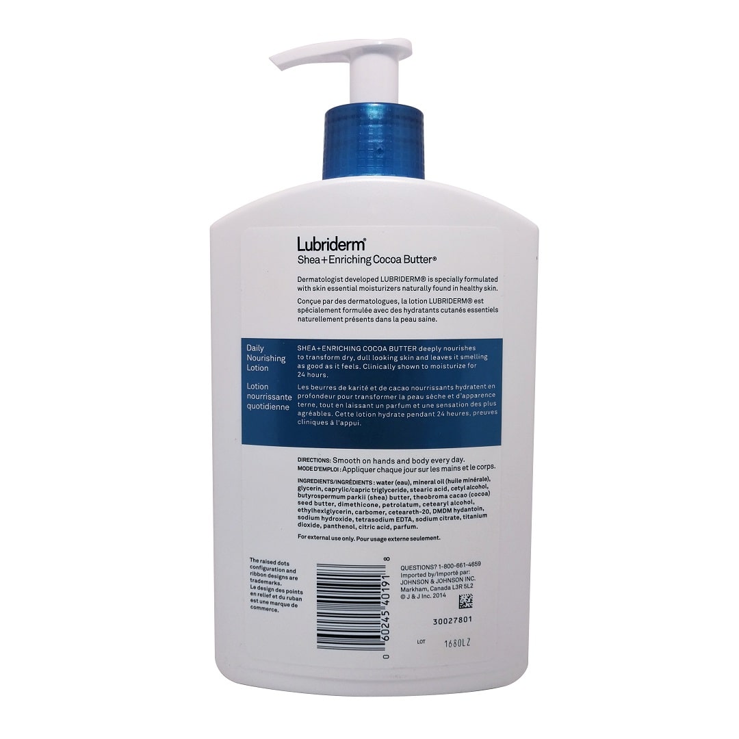 Description, directions, and ingredients for Lubriderm Daily Nourishing Lotion Shea + Enriching Cocoa Butter (480 mL)
