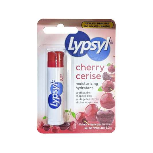 Product label for Lypsyl Moisturizing Lip Balm Cherry (4.2 grams)