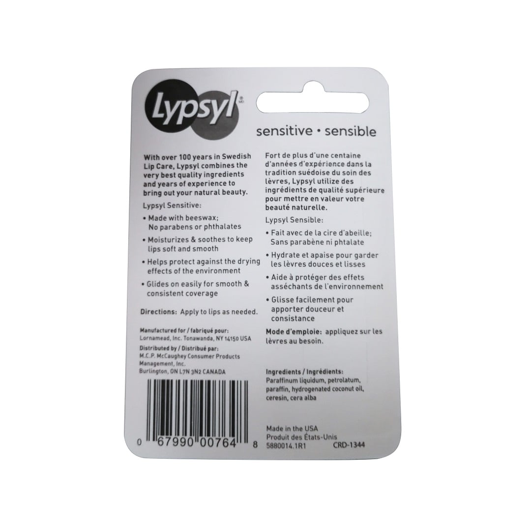 Details, directions, and ingredients for Lypsyl Sensitive Hypoallergenic Lip Balm 