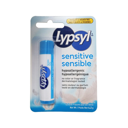 Product label for Lypsyl Sensitive Hypoallergenic Lip Balm 