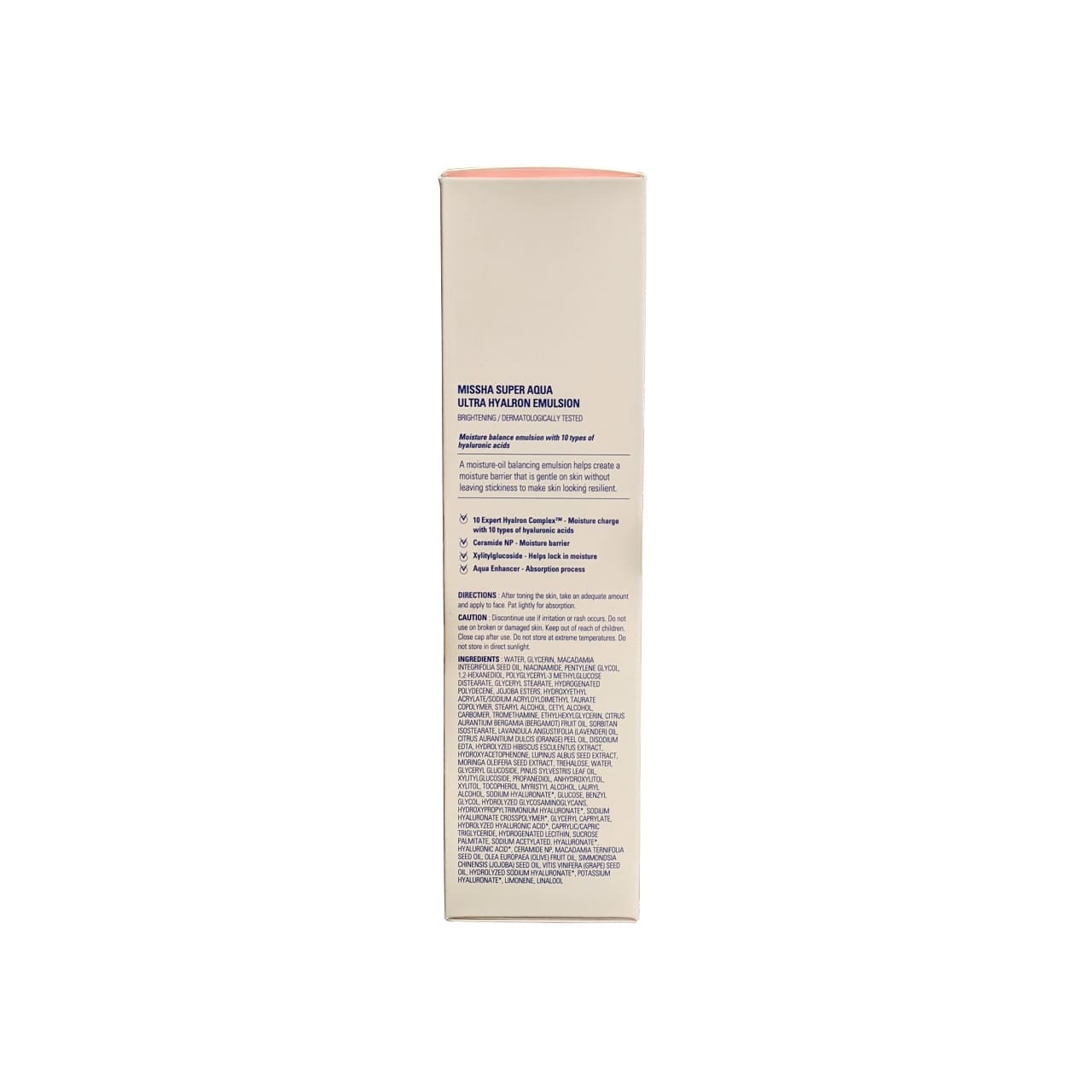 Direction, caution, and ingredients for MISSHA Super Aqua Ultra Hyalron Emulsion (130 mL) in English