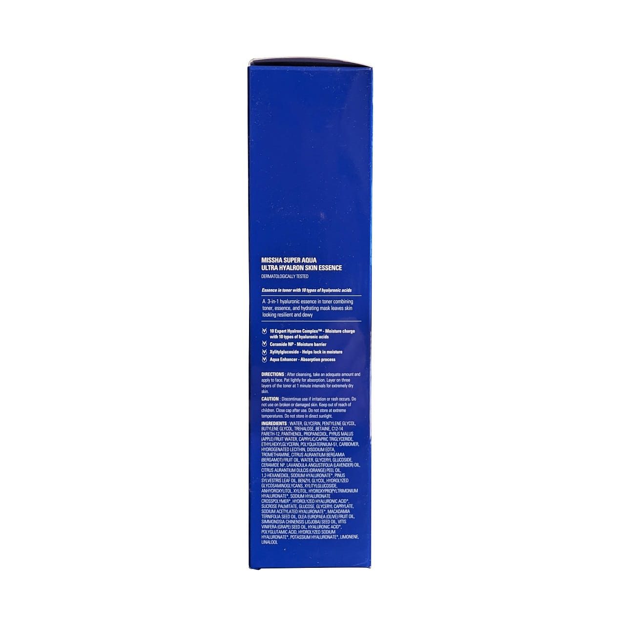 Directions, caution, and ingredients for MISSHA Super Aqua Ultra Hyalron Skin Essence (200 mL) in English