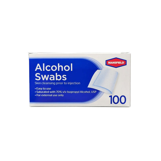 Product label for Mansfield Alcohol Swabs (100 count) in English