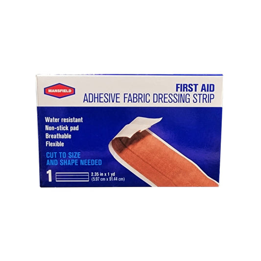 Product label for Mansfield First Aid Adhesive Fabric Dressing Strip (5.97 cm x 91.44 cm) in English