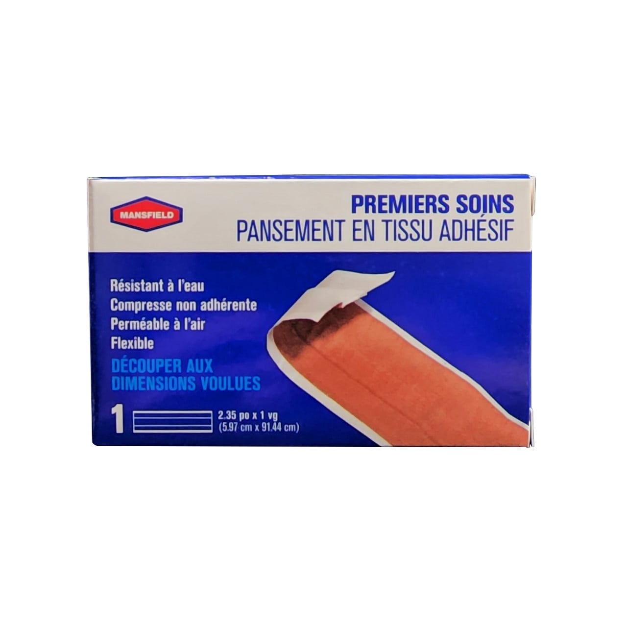 Product label for Mansfield First Aid Adhesive Fabric Dressing Strip (5.97 cm x 91.44 cm) in French