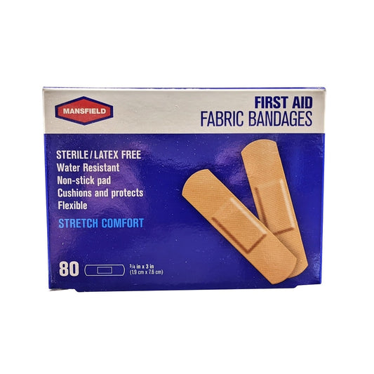 Product label for Mansfield First Aid Fabric Bandages (1.9 cm x 7.6 cm) (80 bandages) in English