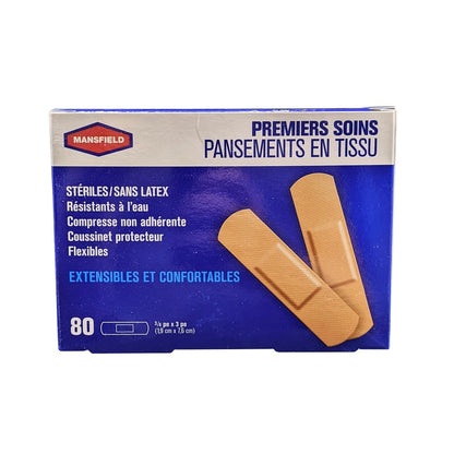 Product label for Mansfield First Aid Fabric Bandages (1.9 cm x 7.6 cm) (80 bandages) in French