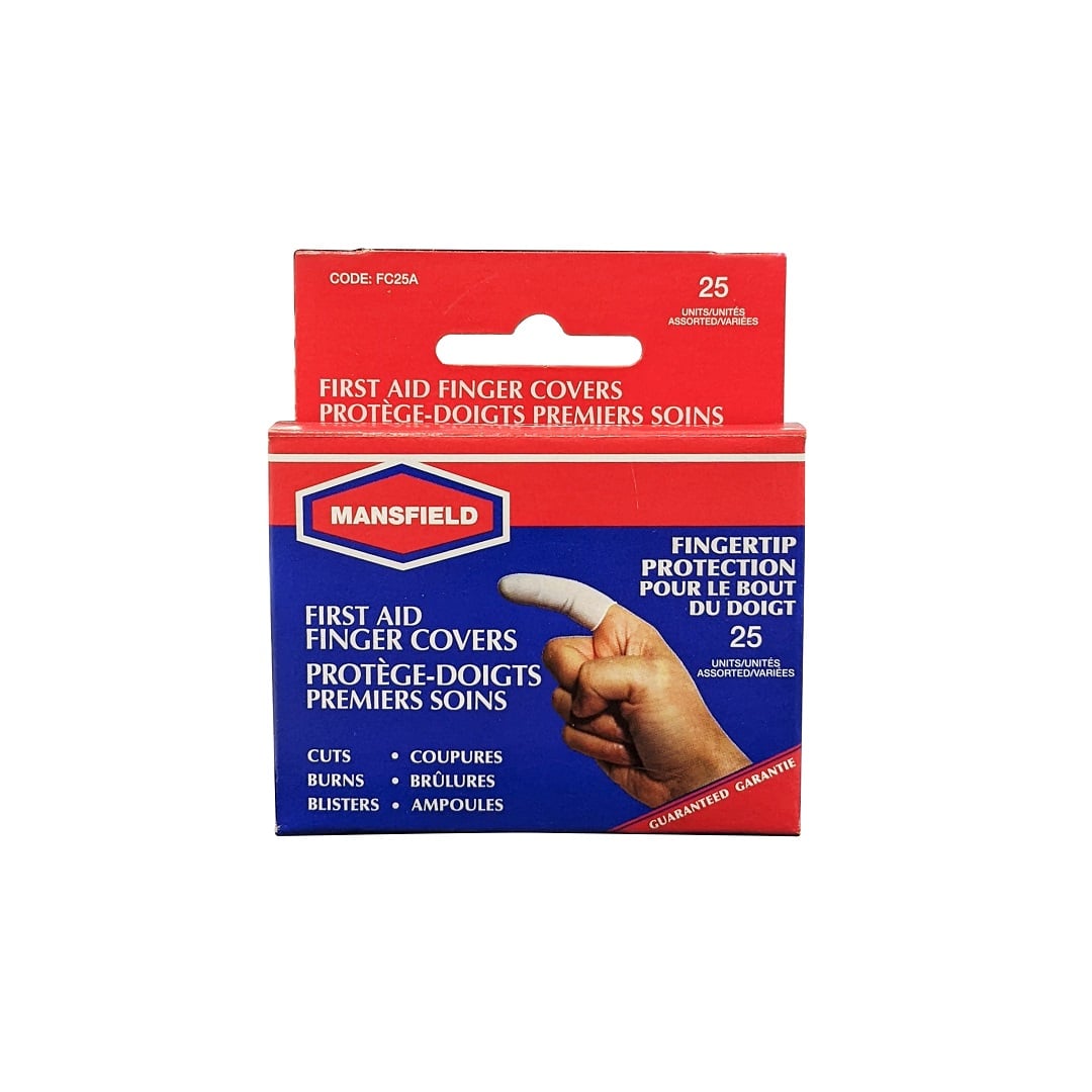 Product label for Mansfield First Aid Finger Covers (Assorted Sizes) (25 count)