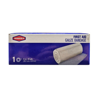 Product label for Mansfield First Aid Gauze Bandage (10.2 cm x 9.14 m) in English