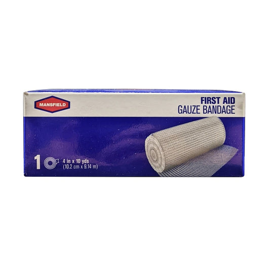 Product label for Mansfield First Aid Gauze Bandage (10.2 cm x 9.14 m) in English